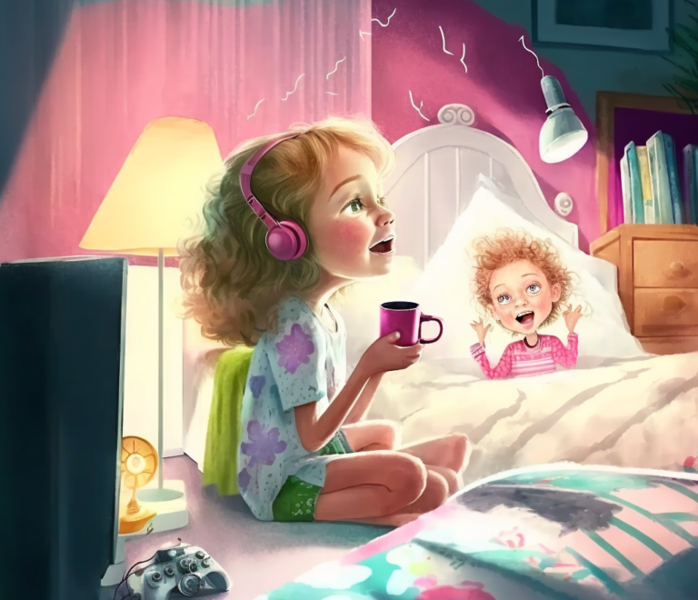 fröhliches Kind hört eine Gute-Nacht-Geschichte von Alexa